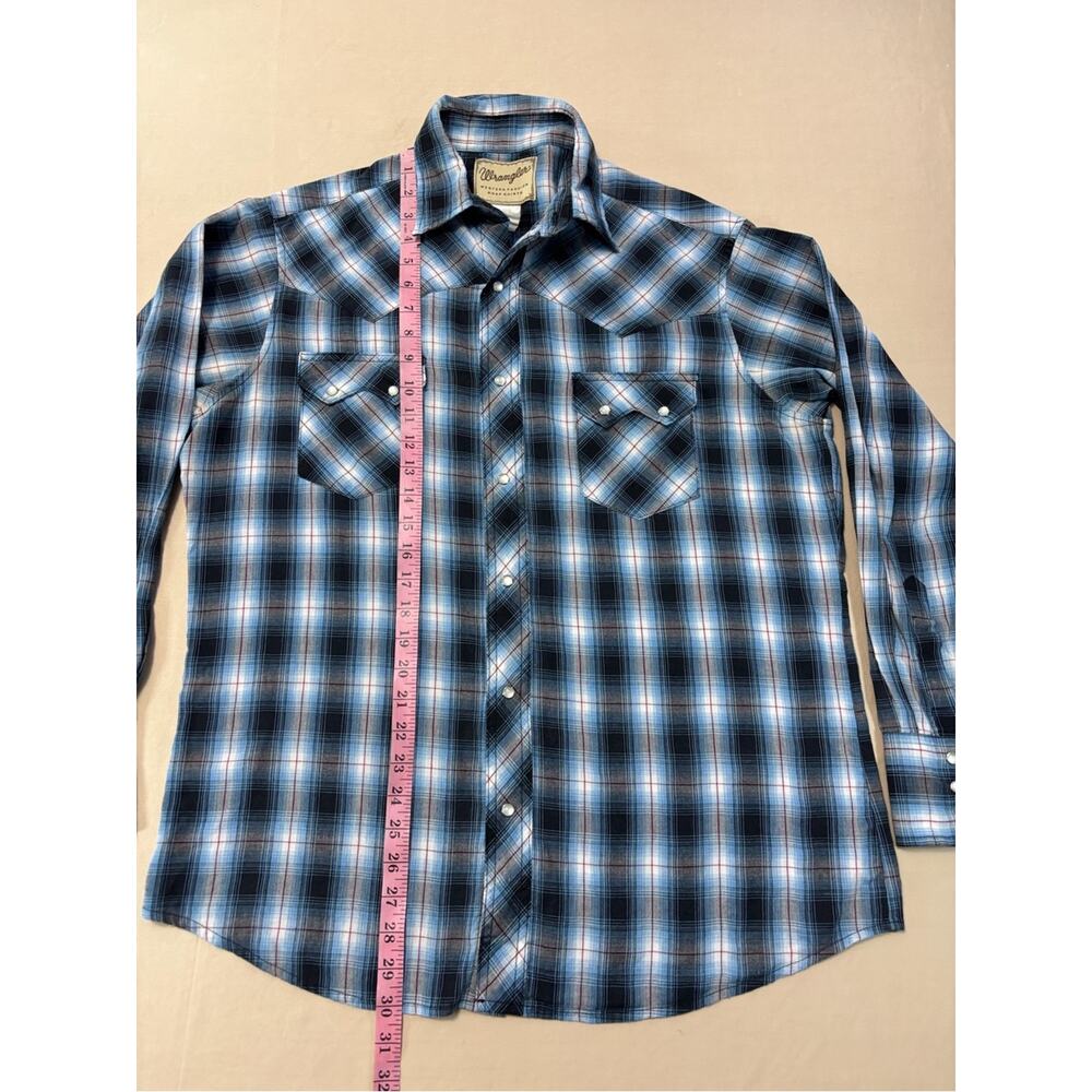 Wrangler Blue and Black Plaid Western Pearl Snap Shirt Men’s Size Large - Picture 3 of 8
